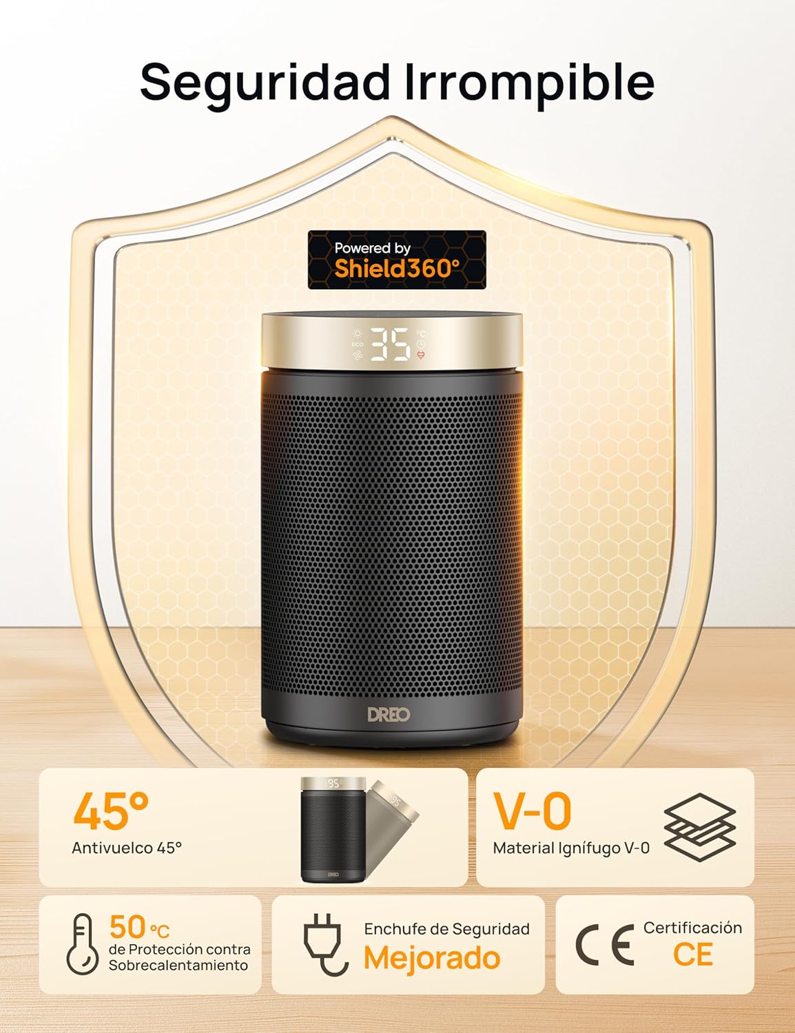Dreo Calefactor Bajo Consumo Cerámico, con Termostato Portátil, Temporizador 12H, Modo Eco y Ventilador, 1500W PTC Rápido y Seguro para Oficina, Dormitorio y Casa