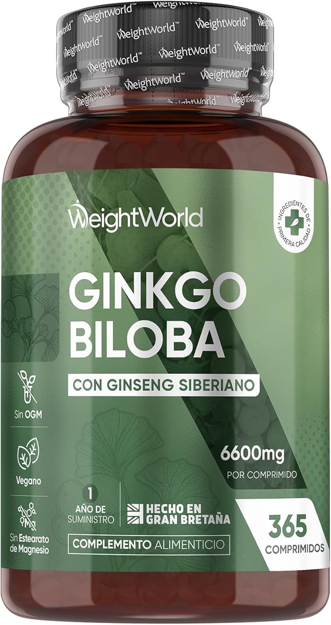 Ginkgo Biloba 6600 mg - 365 Comprimidos Veganos con Ginseng Siberiano 50:1 - Con 28 mg Flavonoides y 7,2 mg Terpenos